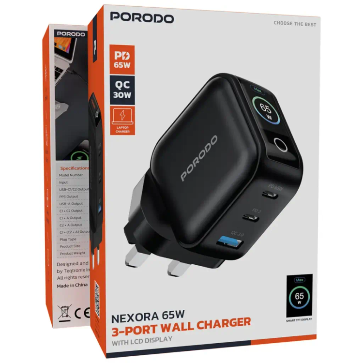 شارژر دیواری Porodo Nexora PD 65W مدل PDWCP5265BK