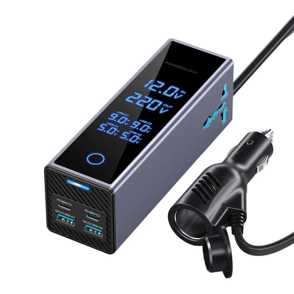 اینورتر و مبدل برق فندکی ماشین 300 وات پاورولوژی Powerology 2AC Socket Car Power Inverter 300W PWC044