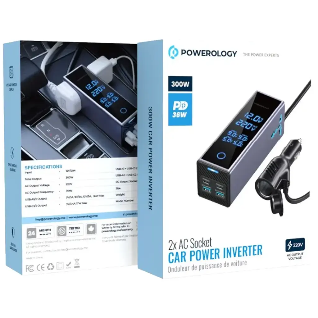 اینورتر و مبدل برق فندکی ماشین 300 وات پاورولوژی Powerology 2AC Socket Car Power Inverter 300W PWC044