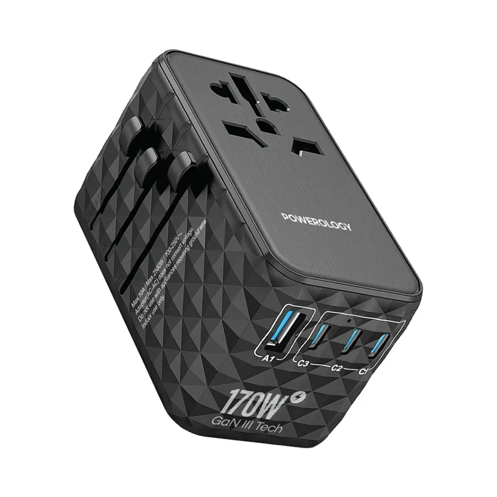 شارژر مسافرتی Powerology GaN 170W مدل PWCUQC042 با 4 پورت و خروجی AC