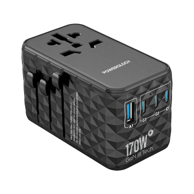 شارژر مسافرتی Powerology GaN 170W مدل PWCUQC042 با 4 پورت و خروجی AC