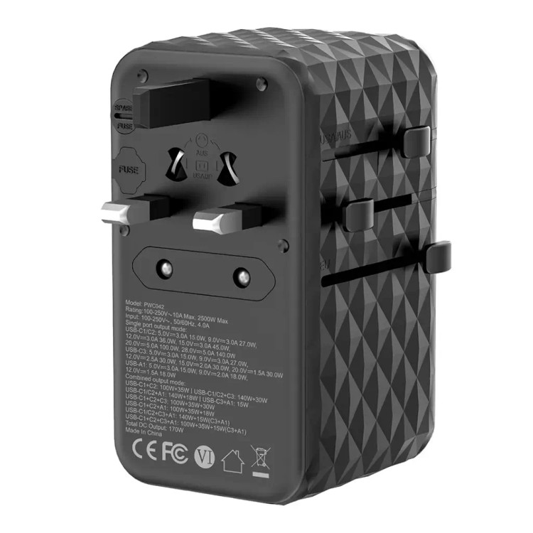 شارژر مسافرتی Powerology GaN 170W مدل PWCUQC042 با 4 پورت و خروجی AC