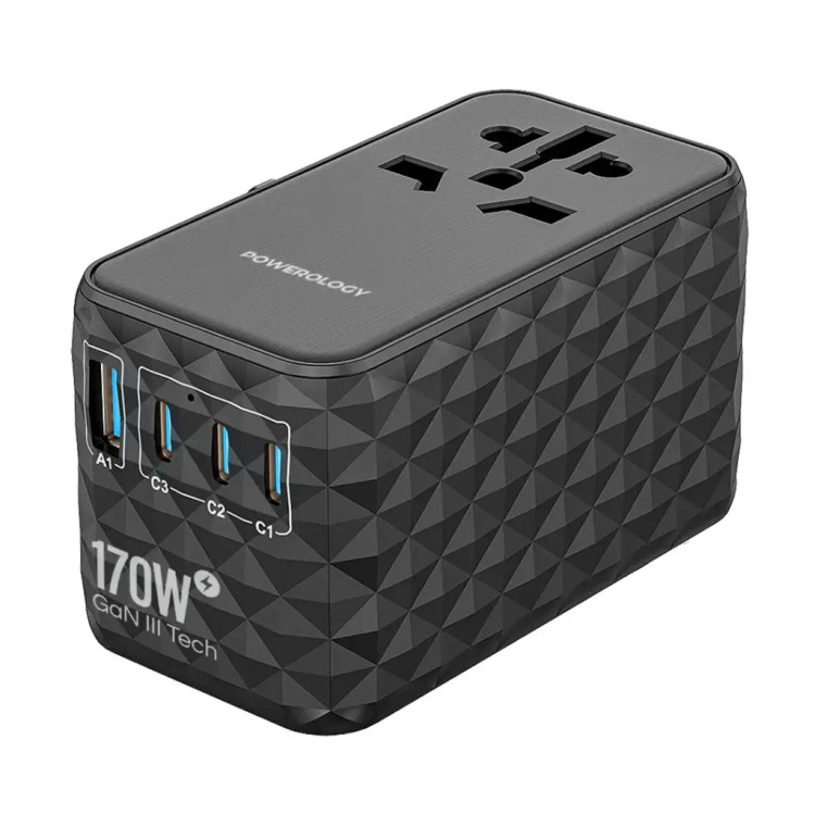 شارژر مسافرتی Powerology GaN 170W مدل PWCUQC042 با 4 پورت و خروجی AC