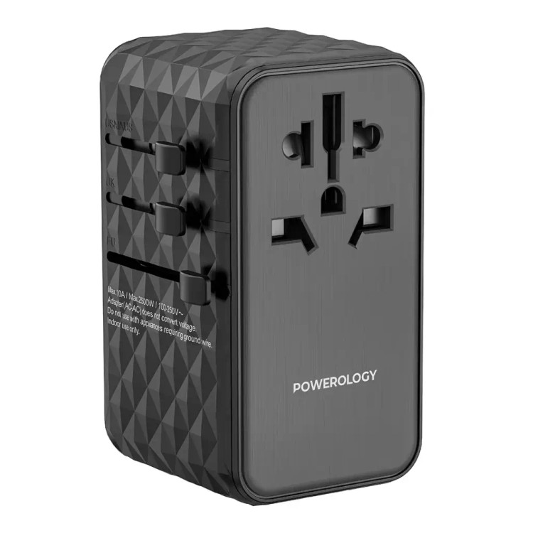 شارژر مسافرتی Powerology GaN 170W مدل PWCUQC042 با 4 پورت و خروجی AC