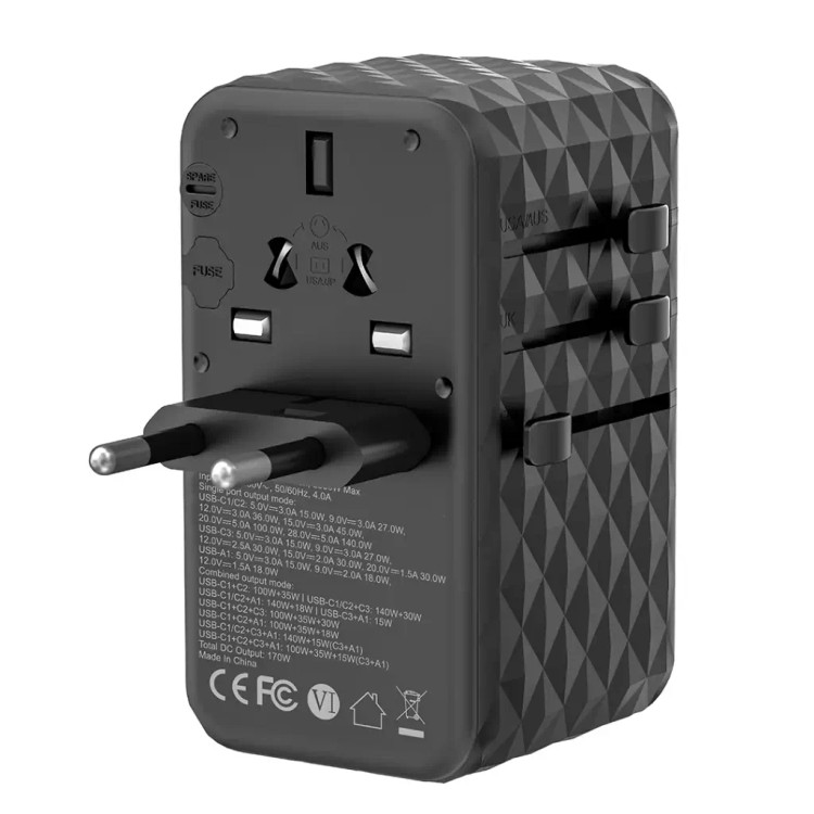 شارژر مسافرتی Powerology GaN 170W مدل PWCUQC042 با 4 پورت و خروجی AC