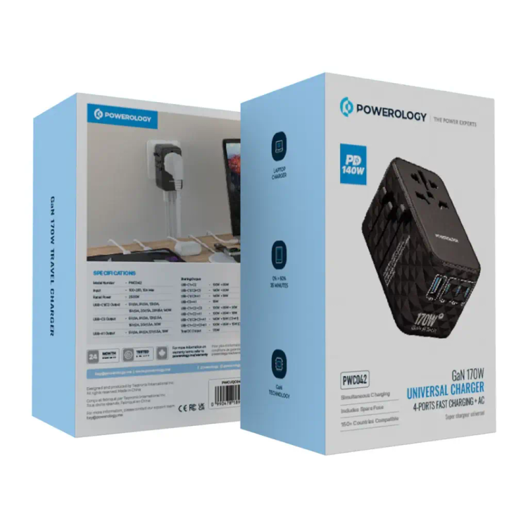 شارژر مسافرتی Powerology GaN 170W مدل PWCUQC042 با 4 پورت و خروجی AC