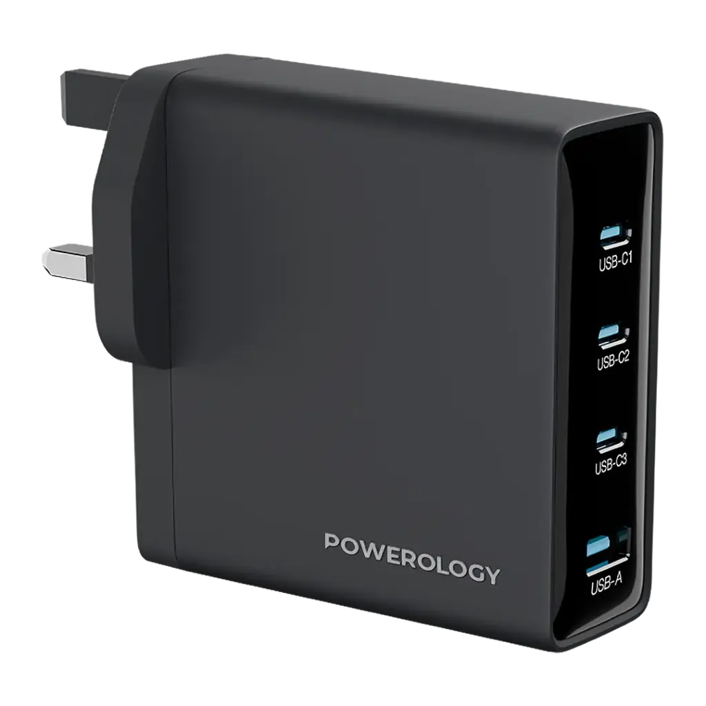 شارژر دیواری Powerology Volt-X GaN 200W مدل PWTR407DBK با 3 پورت USB-C و USB-A