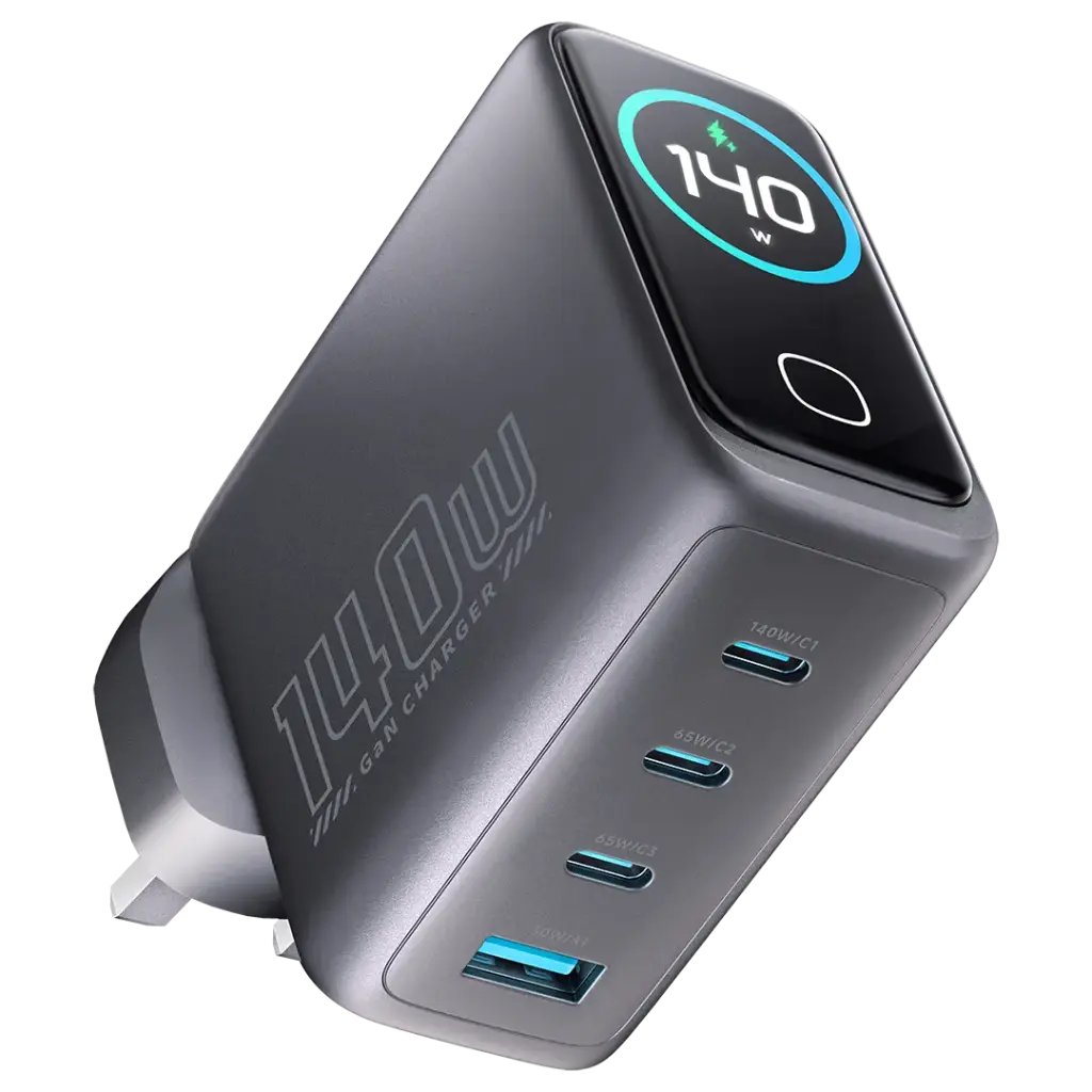 شارژر دیواری Powerology Voltflow GaN 140W مدل PWGAN140WBK با 4 پورت USB-C و USB-A و نمایشگر TFT