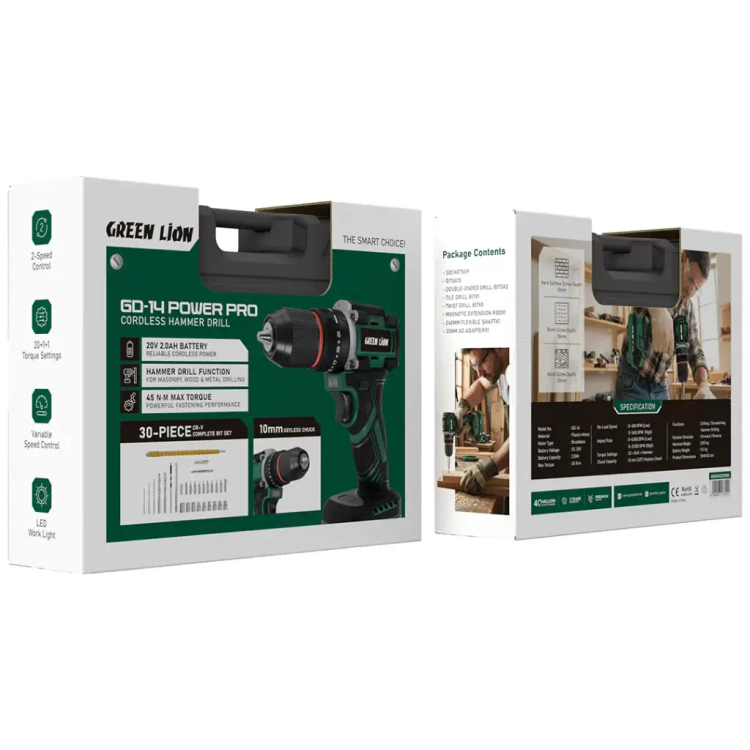 دریل شارژی چکشی Green Lion GD-14 Power Pro مدل GNGD14D21VGN با باتری 20V و گشتاور 45N.m