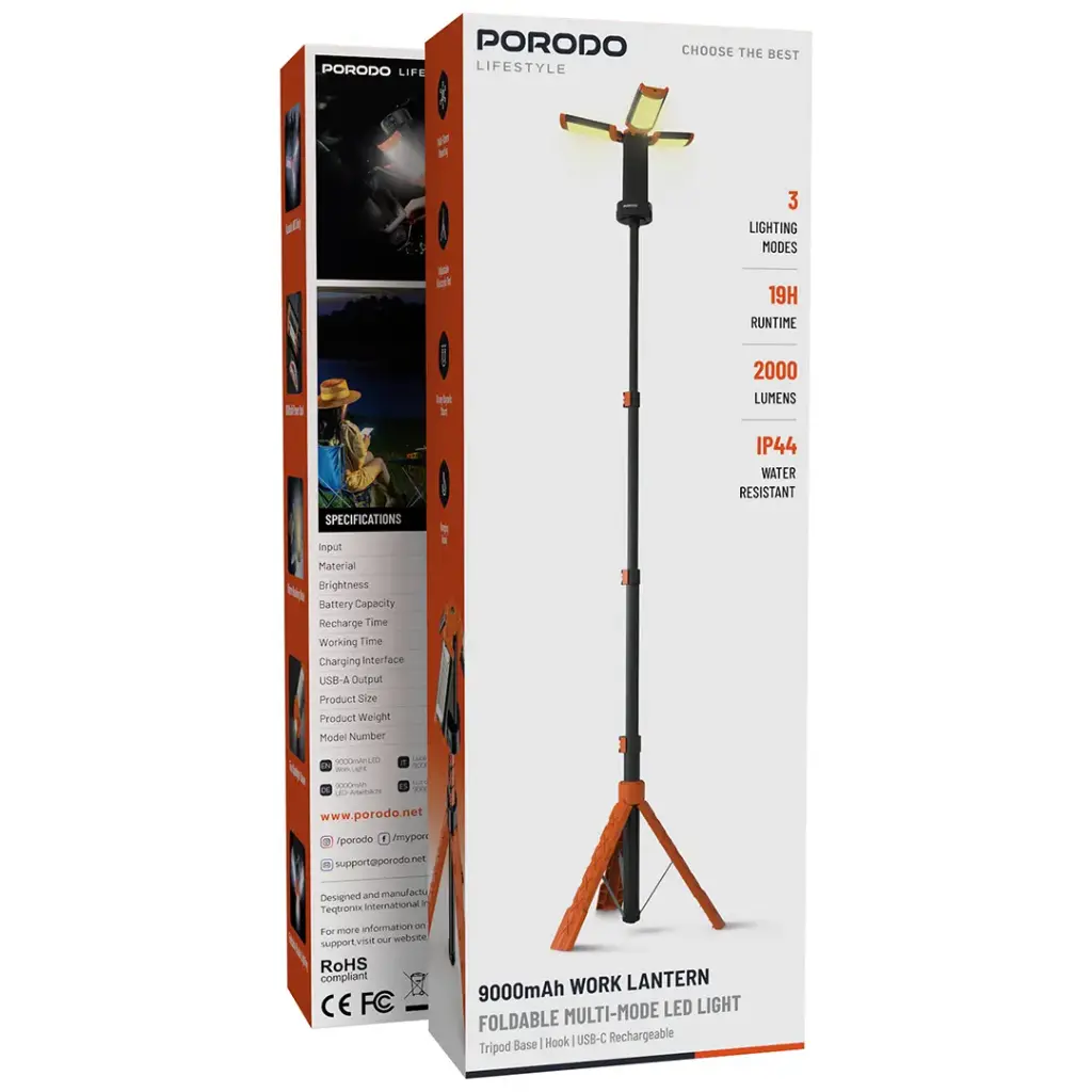 چراغ کار و کمپینگ Porodo Lifestyle مدل PDLFSTXQZ10OR با باتری 9000mAh، نور 2100 لومن، سهپایه و قلاب