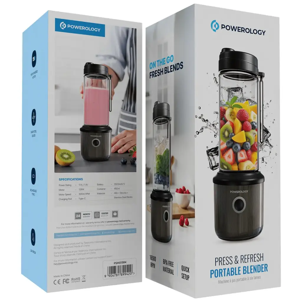 شیکر شارژی ۱۲۶ واتی پاورلوژی Powerology Portable Blender 450ml 2500mAh 6 Blades 126W - BLACK