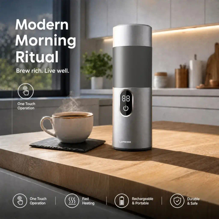 موکاپات برقی LePresso MokaRise مدل LPCFFMR0041SL با ظرفیت 150 میلیلیتر، توان 180 وات و قابلیت استفاده در خودرو و خانه