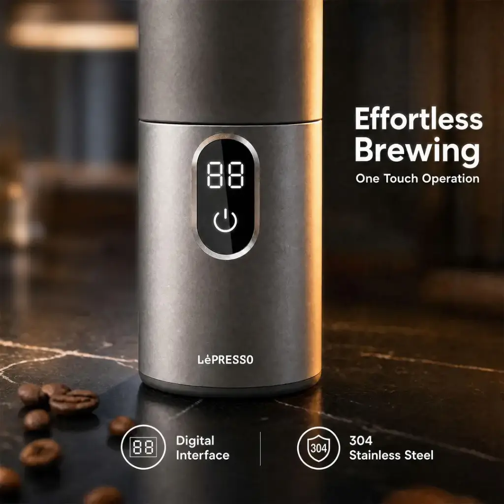 موکاپات برقی LePresso MokaRise مدل LPCFFMR0041SL با ظرفیت 150 میلیلیتر، توان 180 وات و قابلیت استفاده در خودرو و خانه