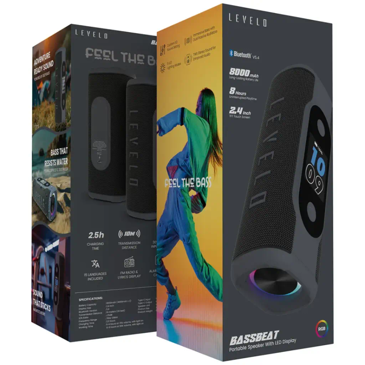 اسپیکر بلوتوثی Levelo BassBeat با توان 30 وات، باتری 8000mAh، نمایشگر TFT و Bluetooth 5.4