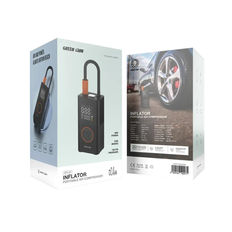 کمپرسور باد شارژی Green Lion GTI-01 با فشار 150 PSI، باتری 3600mAh، نمایشگر LCD و چراغ LED