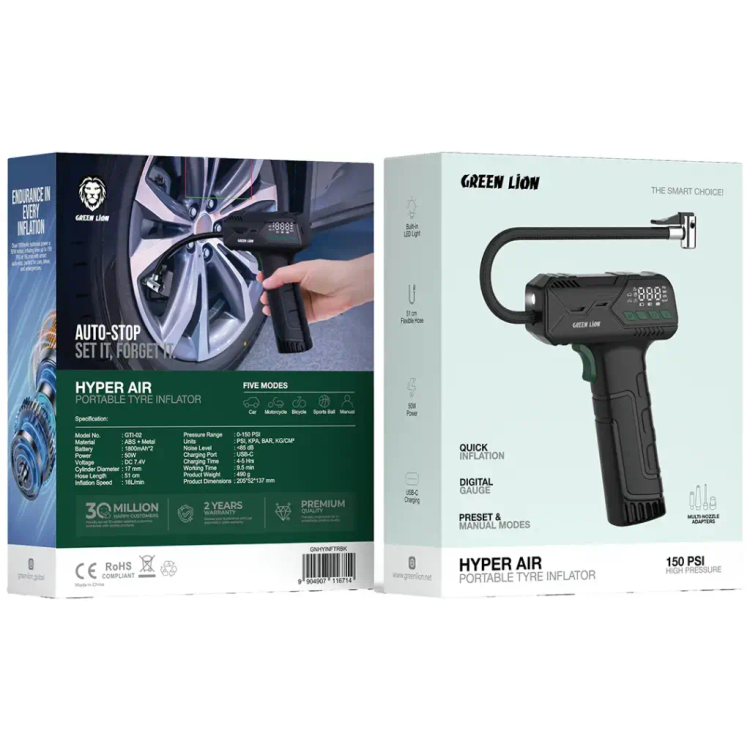 کمپرسور باد شارژی Green Lion Hyper Air مدل GTL-02 با فشار 150 PSI، باتری 3600mAh و نمایشگر دیجیتال