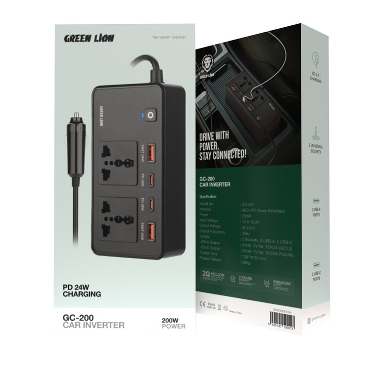 اینورتر خودرو Green Lion GC-200 توان 200 وات با 2 پریز AC، USB-A و USB-C