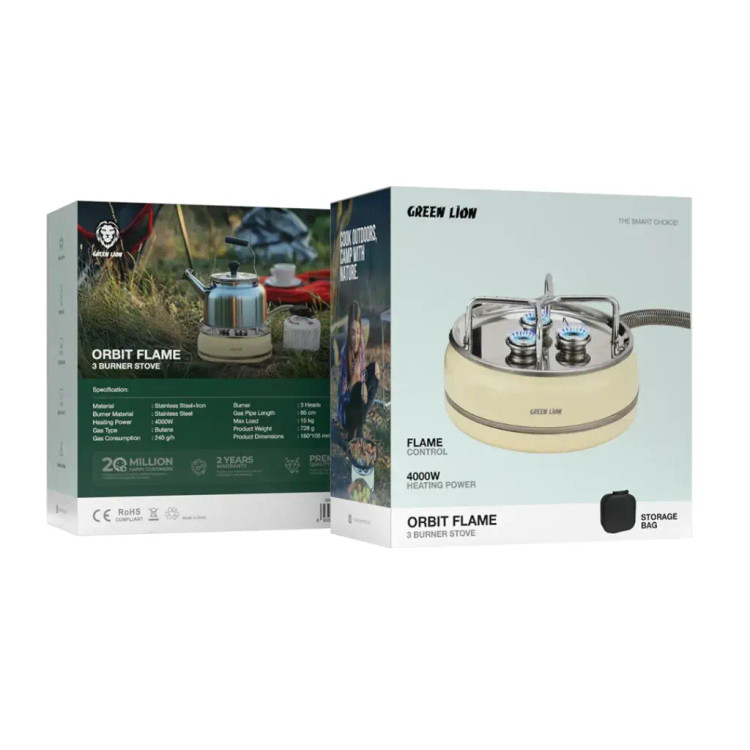 اجاق گاز سفری Green Lion Orbit Flame سه شعله 4000 وات با جرقهزن و شلنگ 60 سانتیمتری