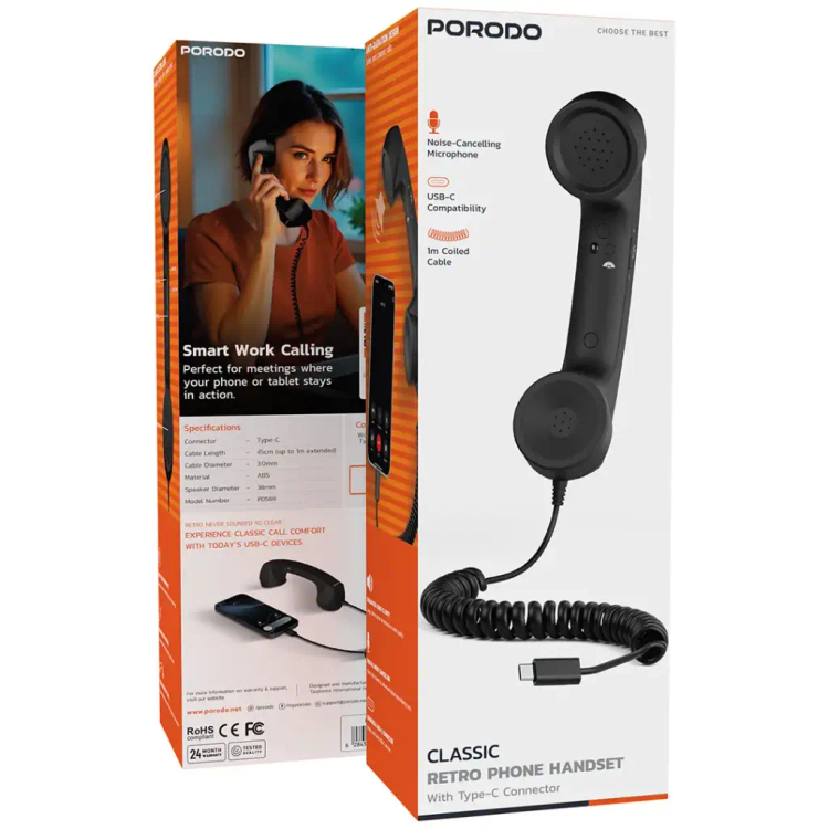 گوشی تلفن رترو Porodo Classic مدل PD569BK با اتصال USB-C و اسپیکر 38 میلیمتری