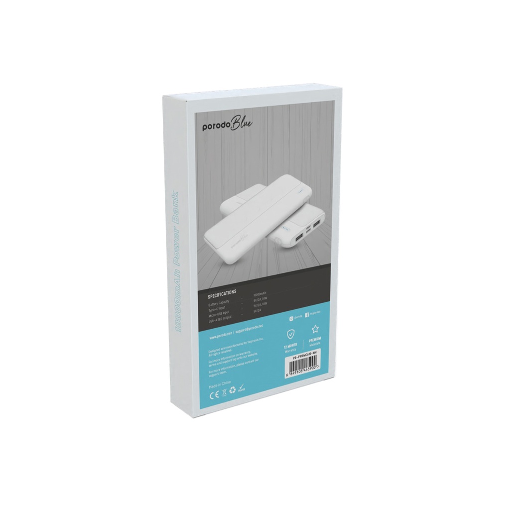 پاوربانک Porodo Blue ظرفیت 10000mAh مدل PB-PWBMCA10 با دو خروجی USB-A و طراحی Slim