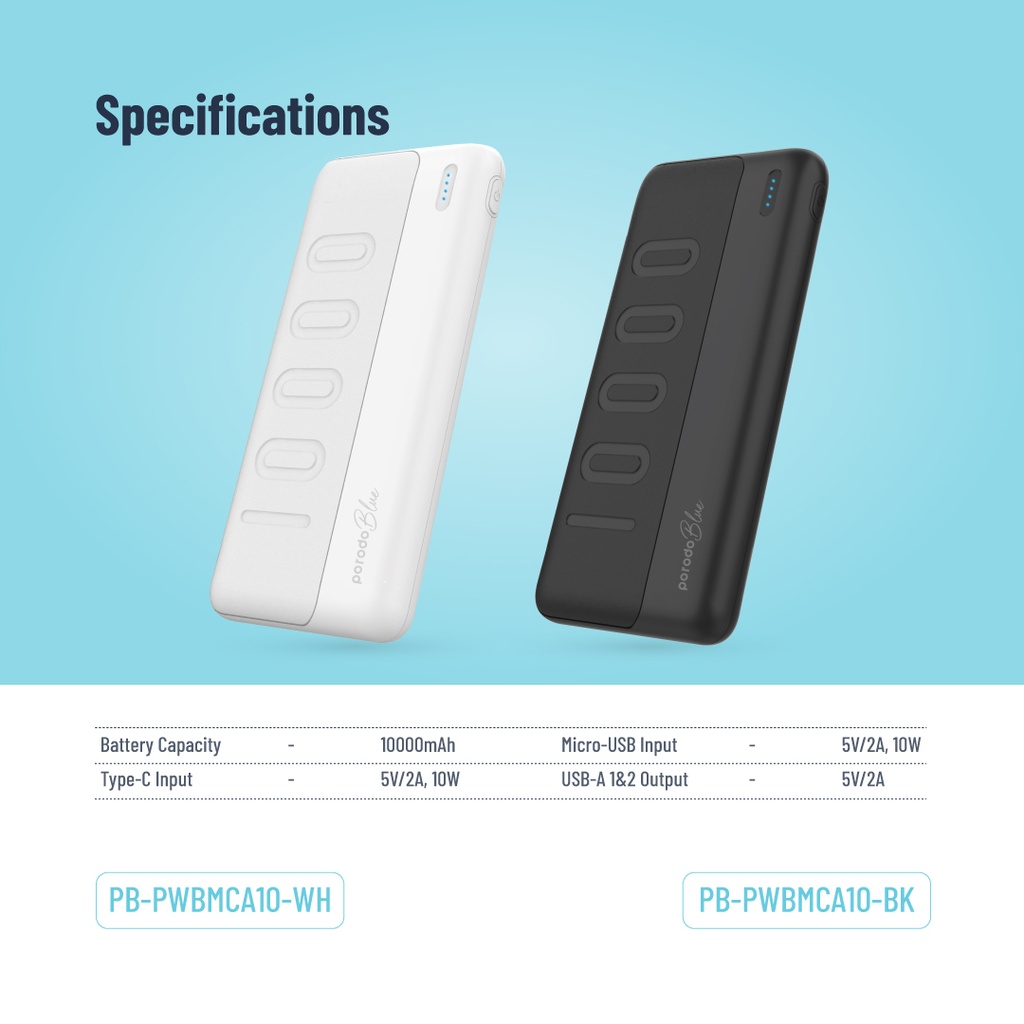 پاوربانک Porodo Blue ظرفیت 10000mAh مدل PB-PWBMCA10 با دو خروجی USB-A و طراحی Slim