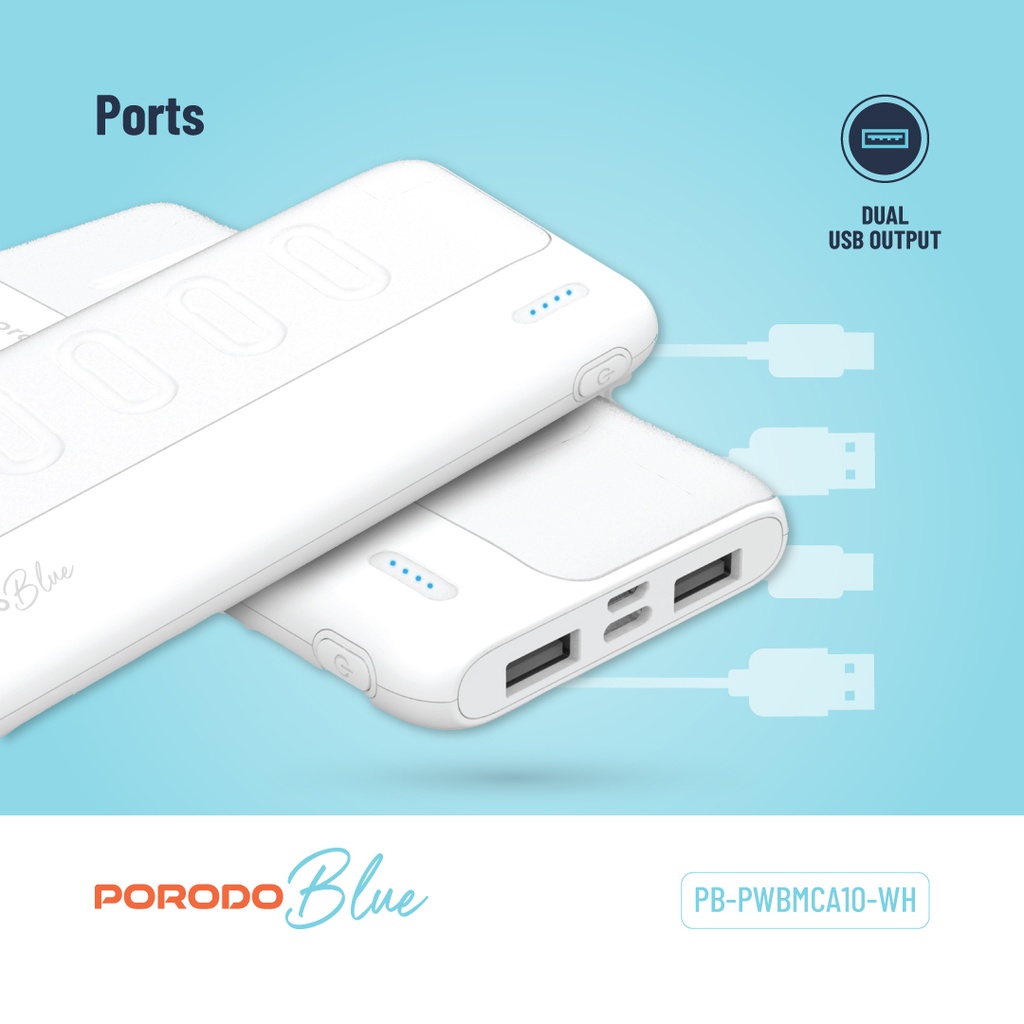 پاوربانک Porodo Blue ظرفیت 10000mAh مدل PB-PWBMCA10 با دو خروجی USB-A و طراحی Slim