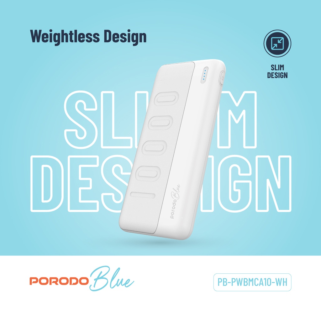 پاوربانک Porodo Blue ظرفیت 10000mAh مدل PB-PWBMCA10 با دو خروجی USB-A و طراحی Slim