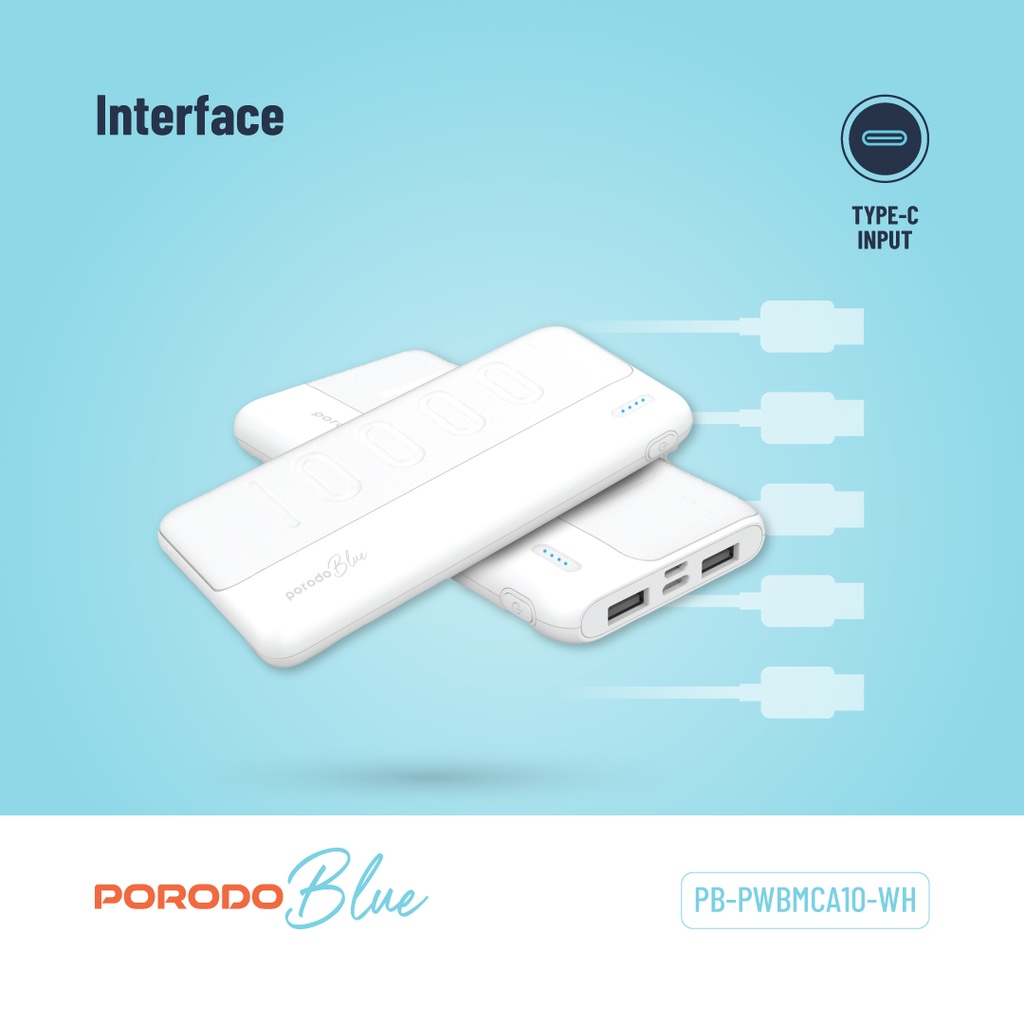 پاوربانک Porodo Blue ظرفیت 10000mAh مدل PB-PWBMCA10 با دو خروجی USB-A و طراحی Slim