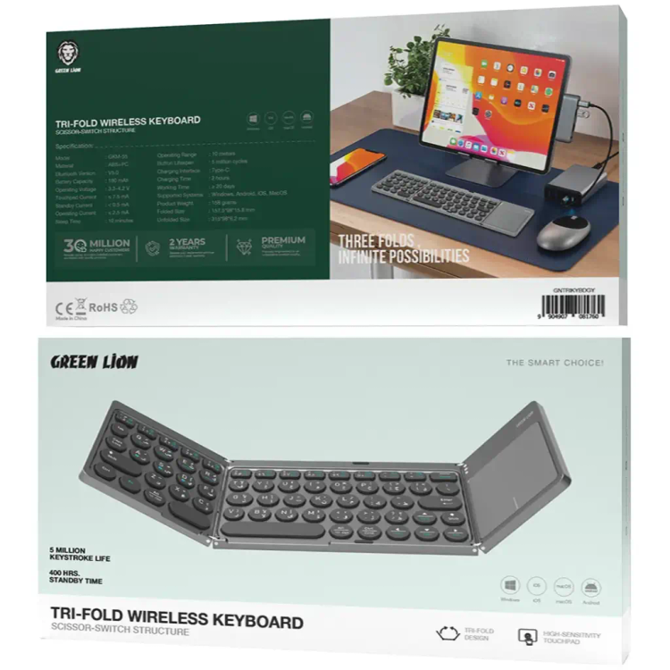 کیبورد بیسیم تاشو Green Lion Tri-Fold GKM-55 | بلوتوث 5.0 با تاچپد و کلید Scissor-Switch